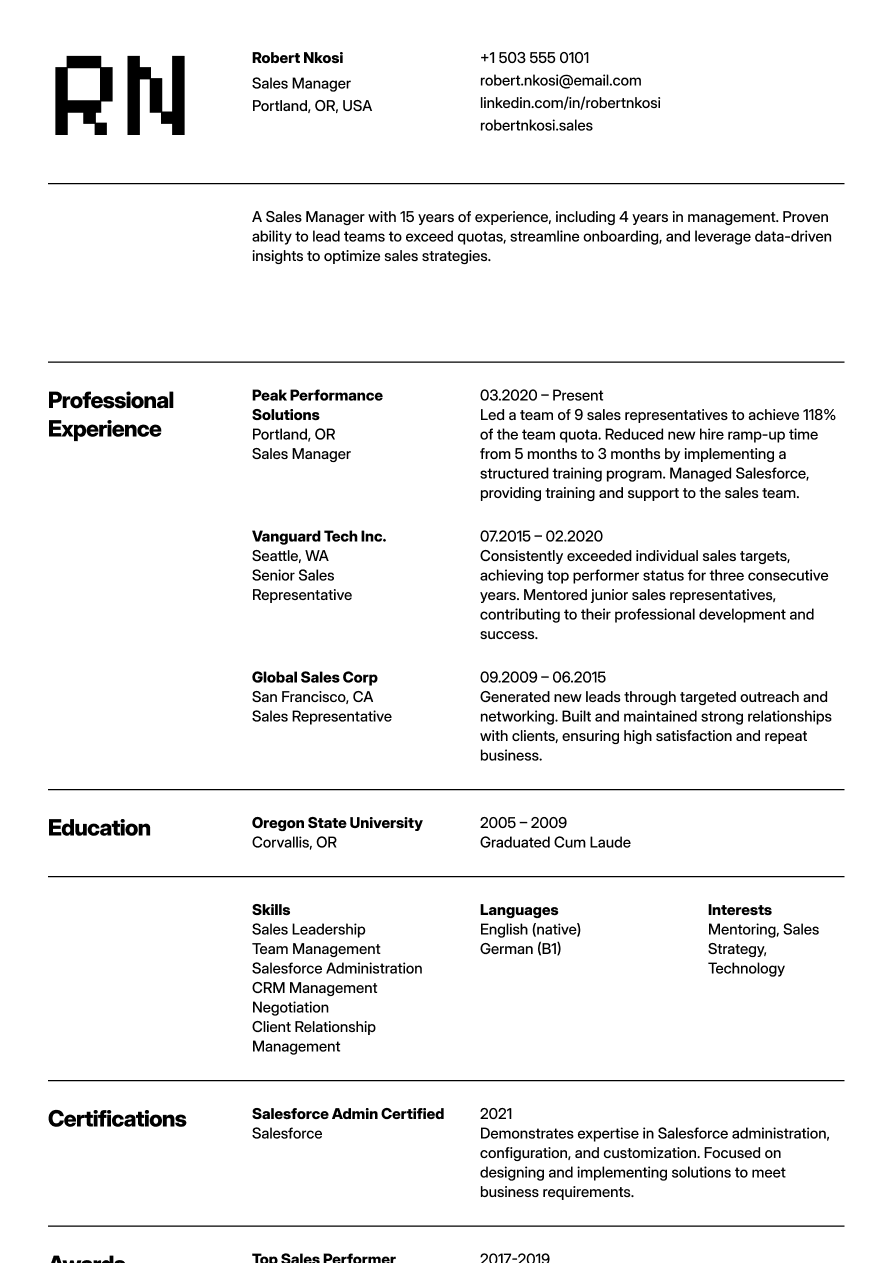 Sales manager resume example