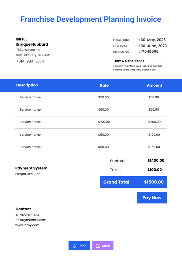 Franchise Development Planning Invoice