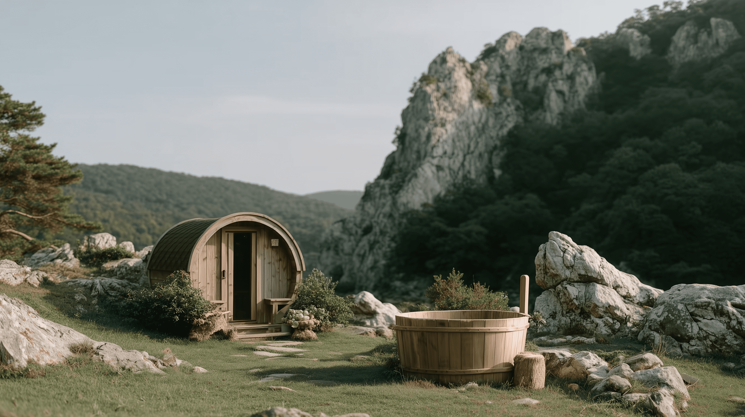 Wooden sauna cabin and hot tub set among rocky mountains and greenery under clear sky.