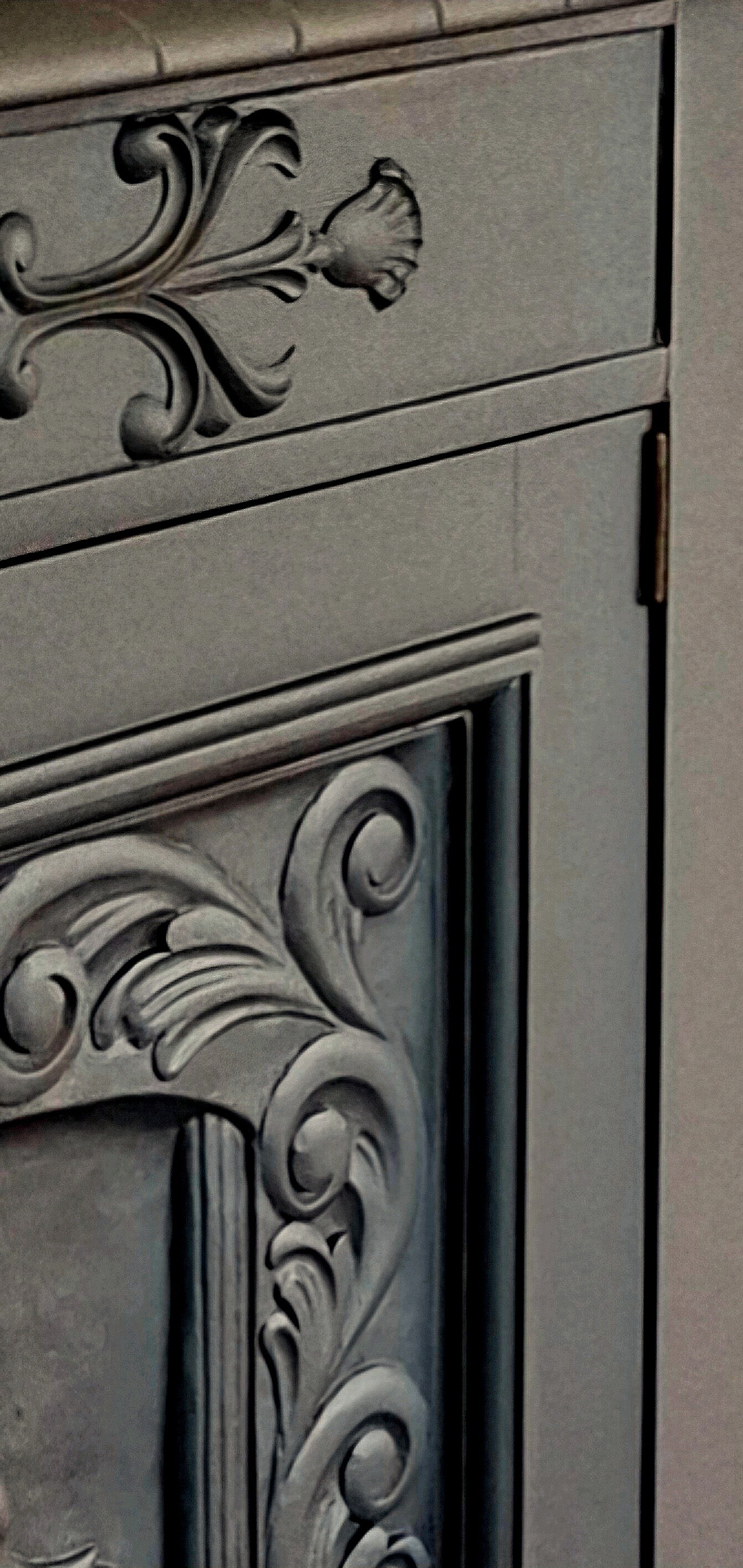 Antique grey cabinet with Franciscan monk carving, restored furniture piece with spiritual detail
