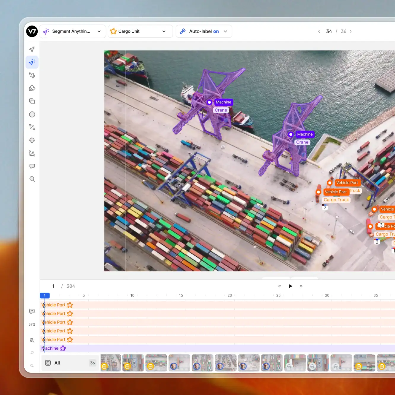 A video labeling annotation tool where drone footage of a port inspection is being annotated