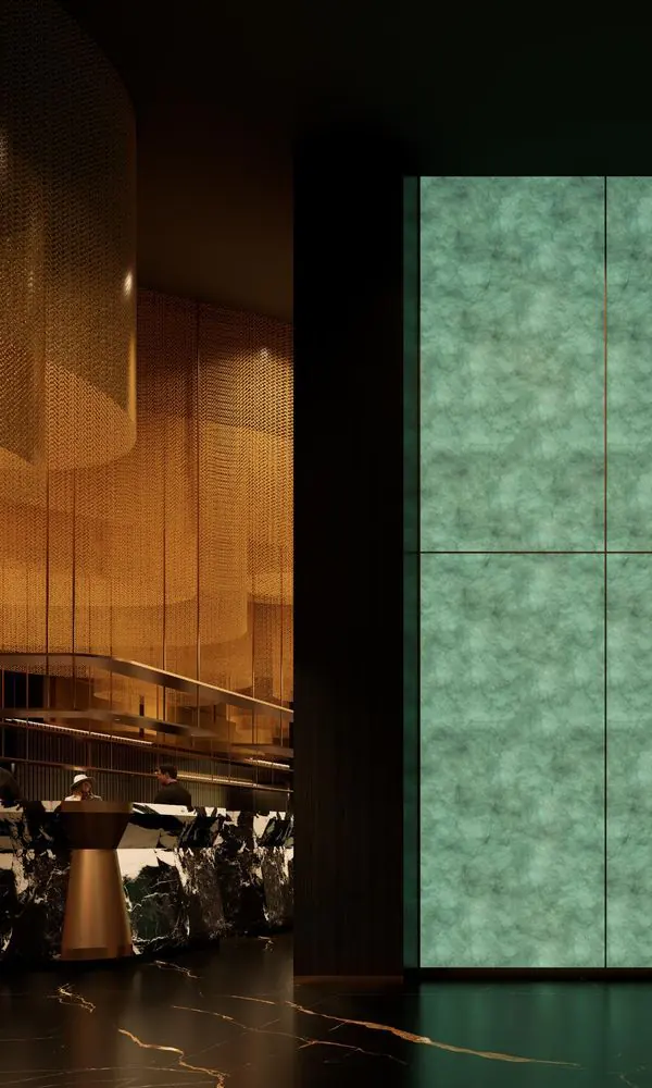 L’entrée : un mur d’onyx vert éclairé et, derrière, la salle sous les mailles dorées (visuel d’architecte)