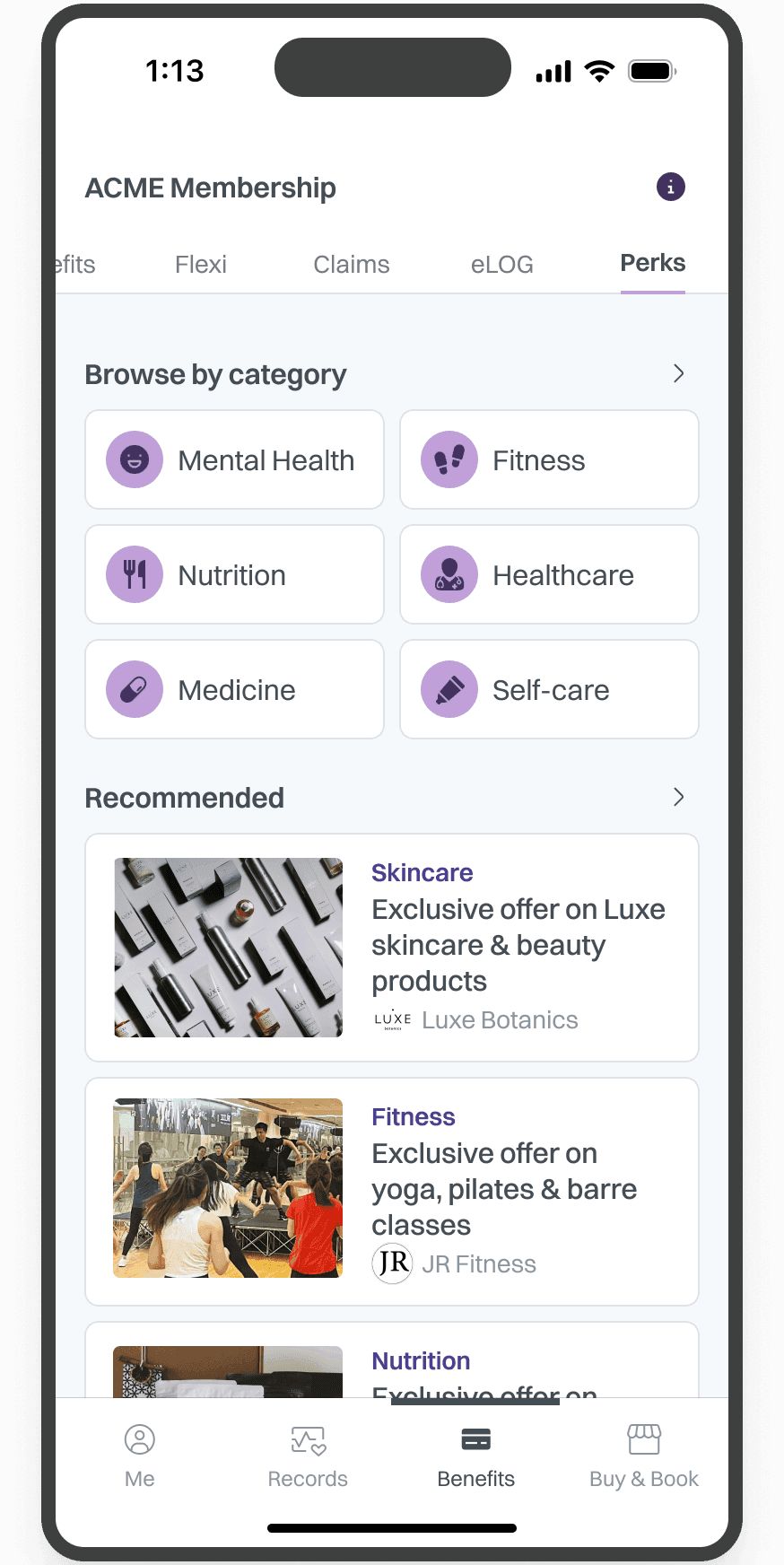 The perks tab on the ACME membership app, displaying categories like mental health, fitness, nutrition, and healthcare. It also highlights recommended exclusive offers on products and services like skincare and fitness classes.