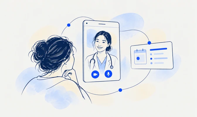 Telemedicine platforms in fine navy linework with cobalt accents and pale watercolor washes.