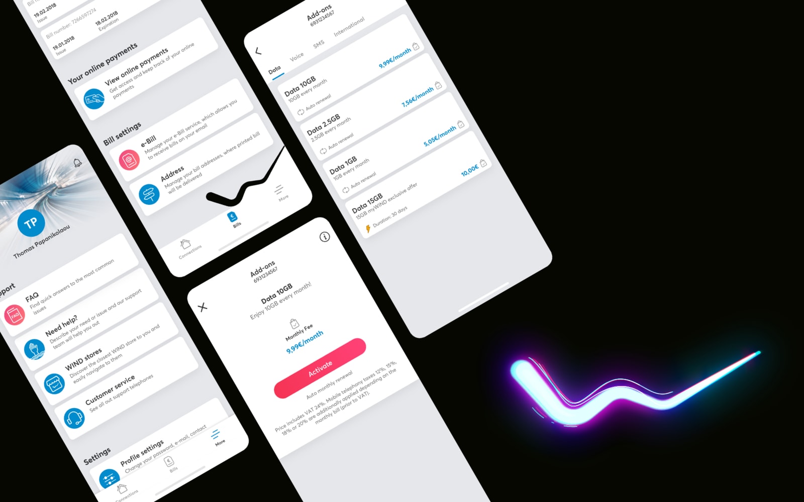 NOVA mobile app showing support options, settings, and add-on services