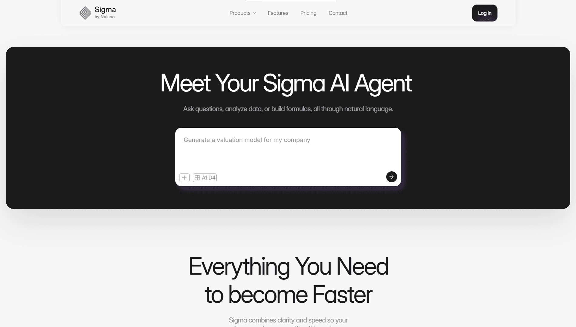 Intent: Communicate how Sigma transforms the spreadsheet experience, from formulas to conversational input. Design Detail: The minimalist textbox reinforces simplicity while anchoring attention on interaction, not interface.