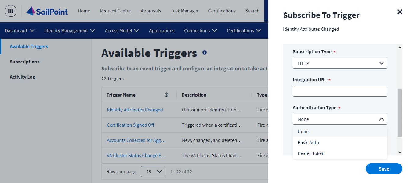 SailPoint Subscribe To Trigger configuration showing HTTP integration and authentication options.