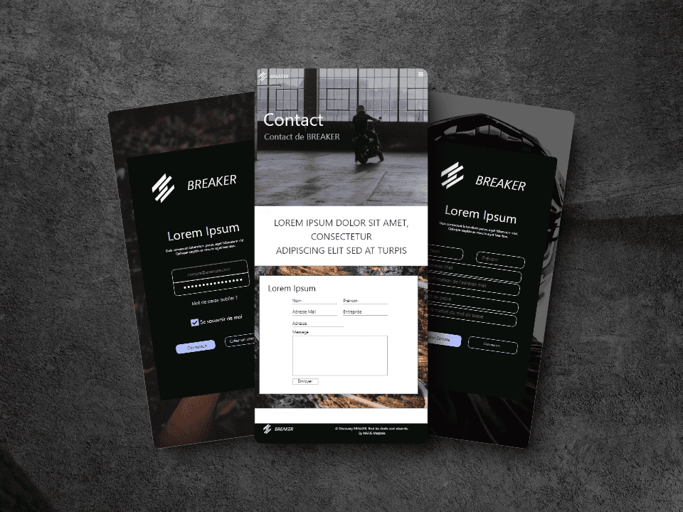 Mockupdu site web Breaker,  page connexion, inscription, contact