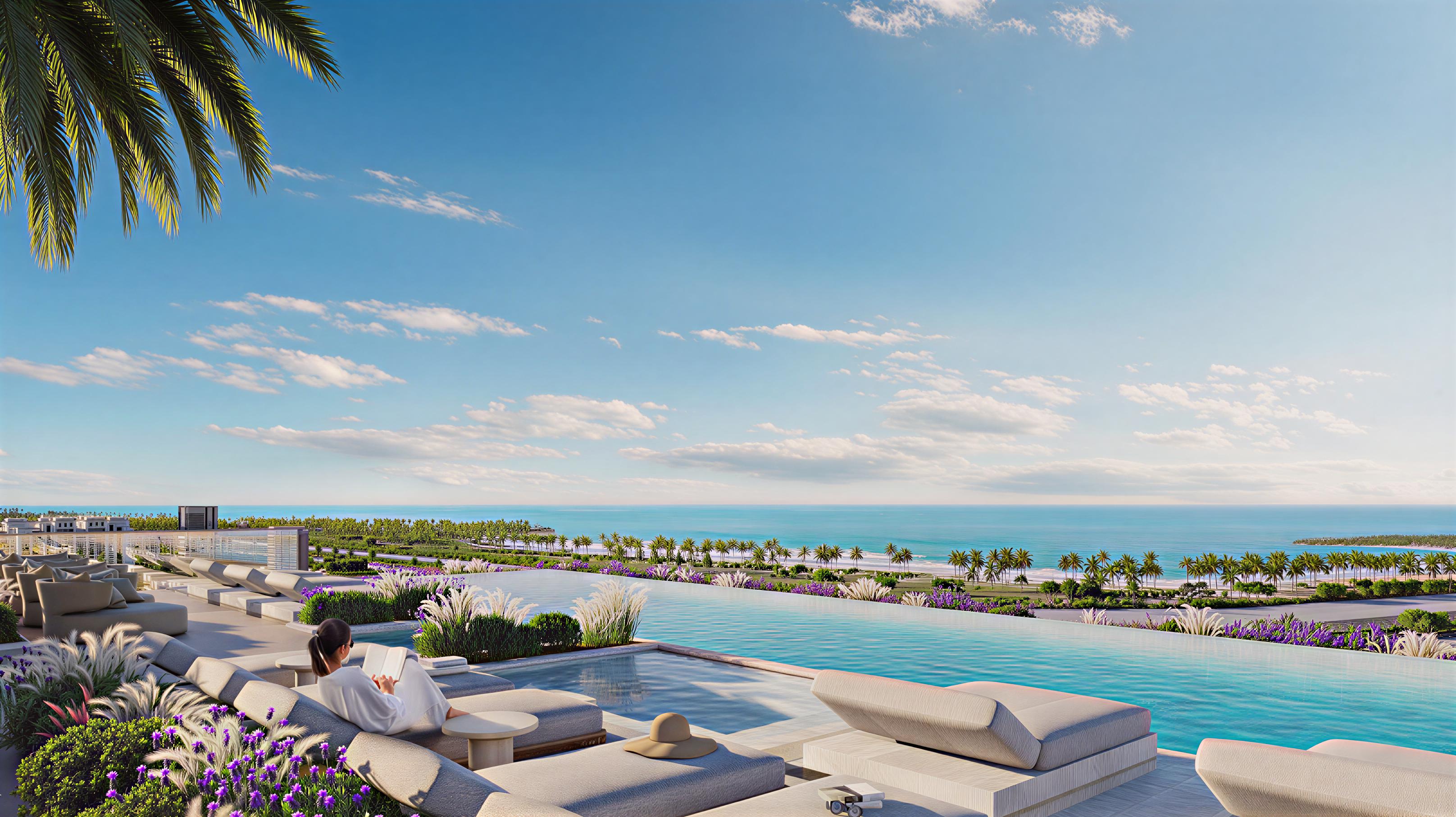 The resort at 241 Waterside, Dubai Islands, offers picturesque views of the ocean along the beautiful coastline.