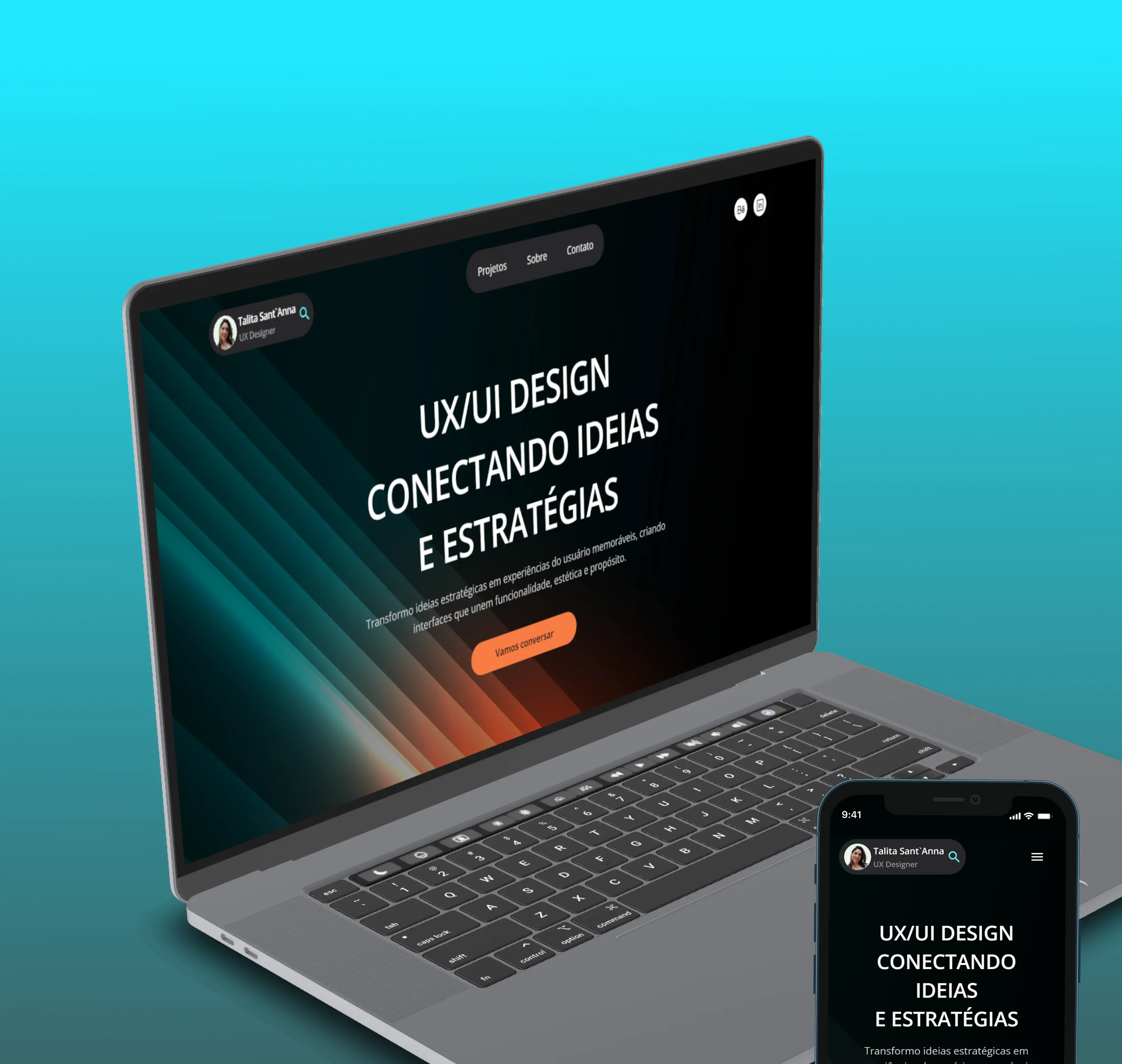 Mockup do projeto "UI/UX Design: Conectando ideias e estratégias", exibindo a interface em dispositivos mobile e desktop.