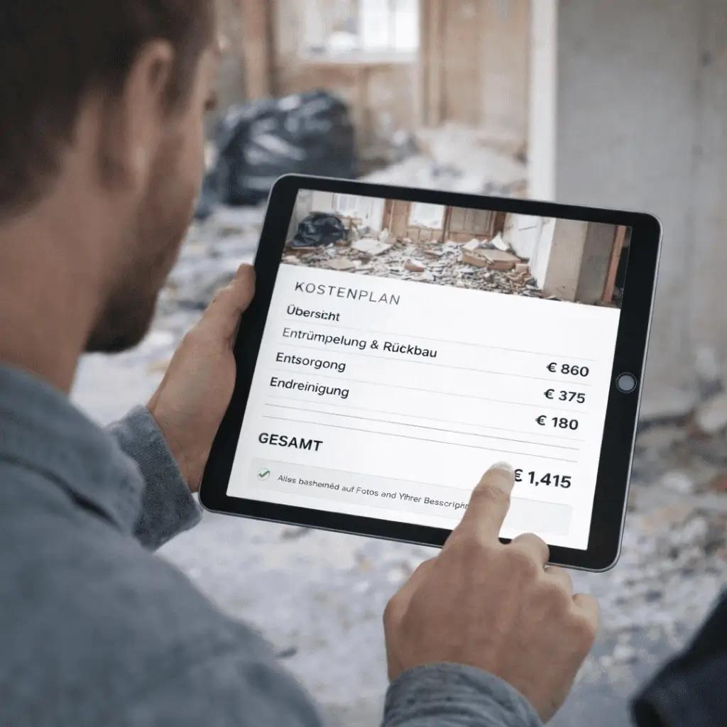 Digitale Kostenübersicht für Entrümpelung und Rückbau auf einem Tablet in einer renovierungsbedürftigen Wohnung.