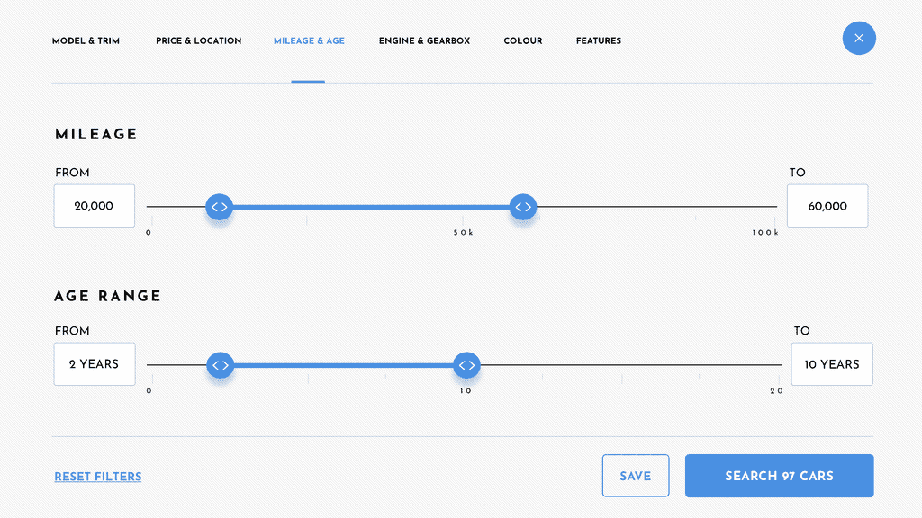 Filter design for choosing mileage and age