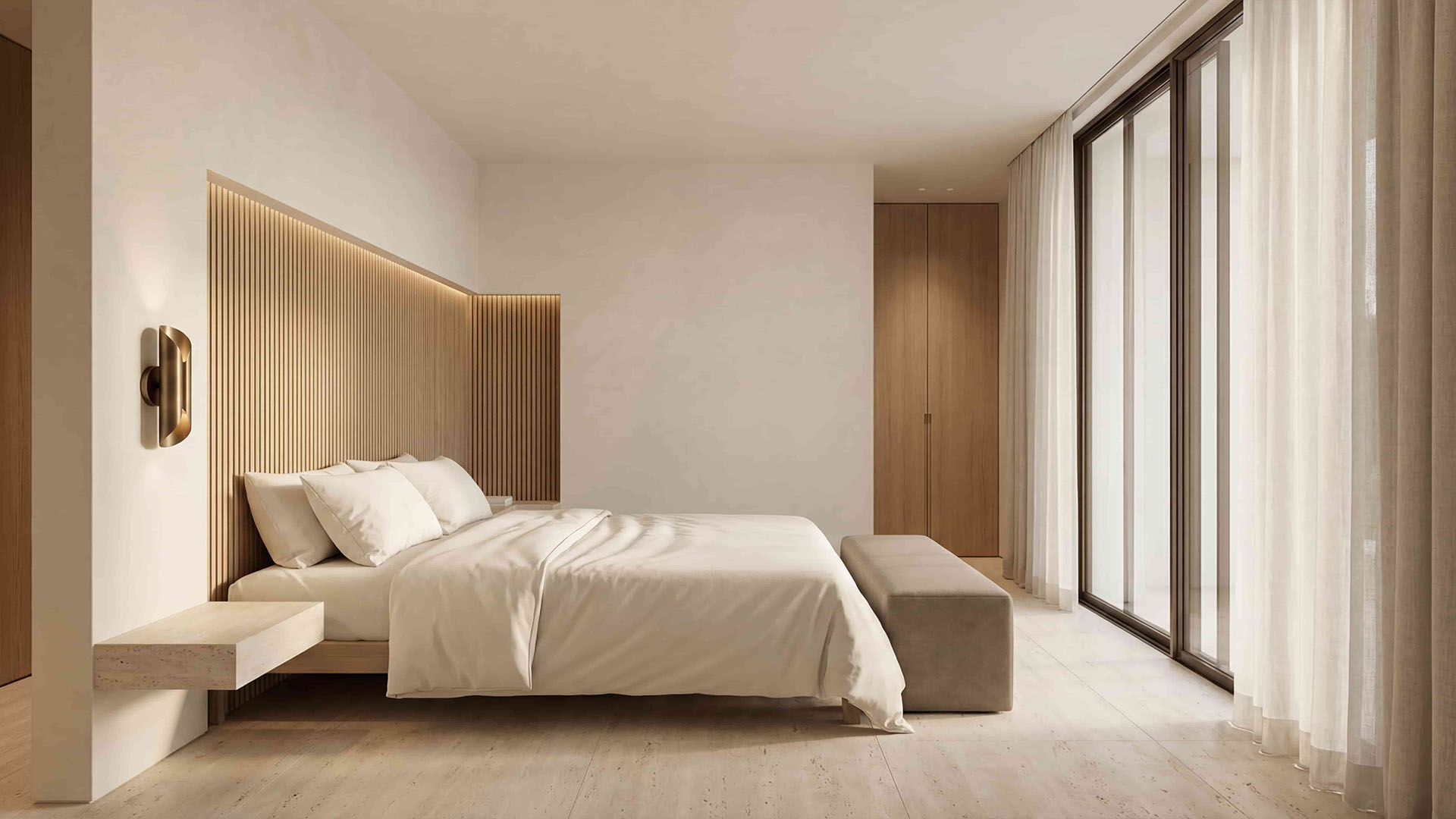 Minimalist master luxury bedroom in Marbella villa with natural materials, wooden headboard, and soft neutral tones