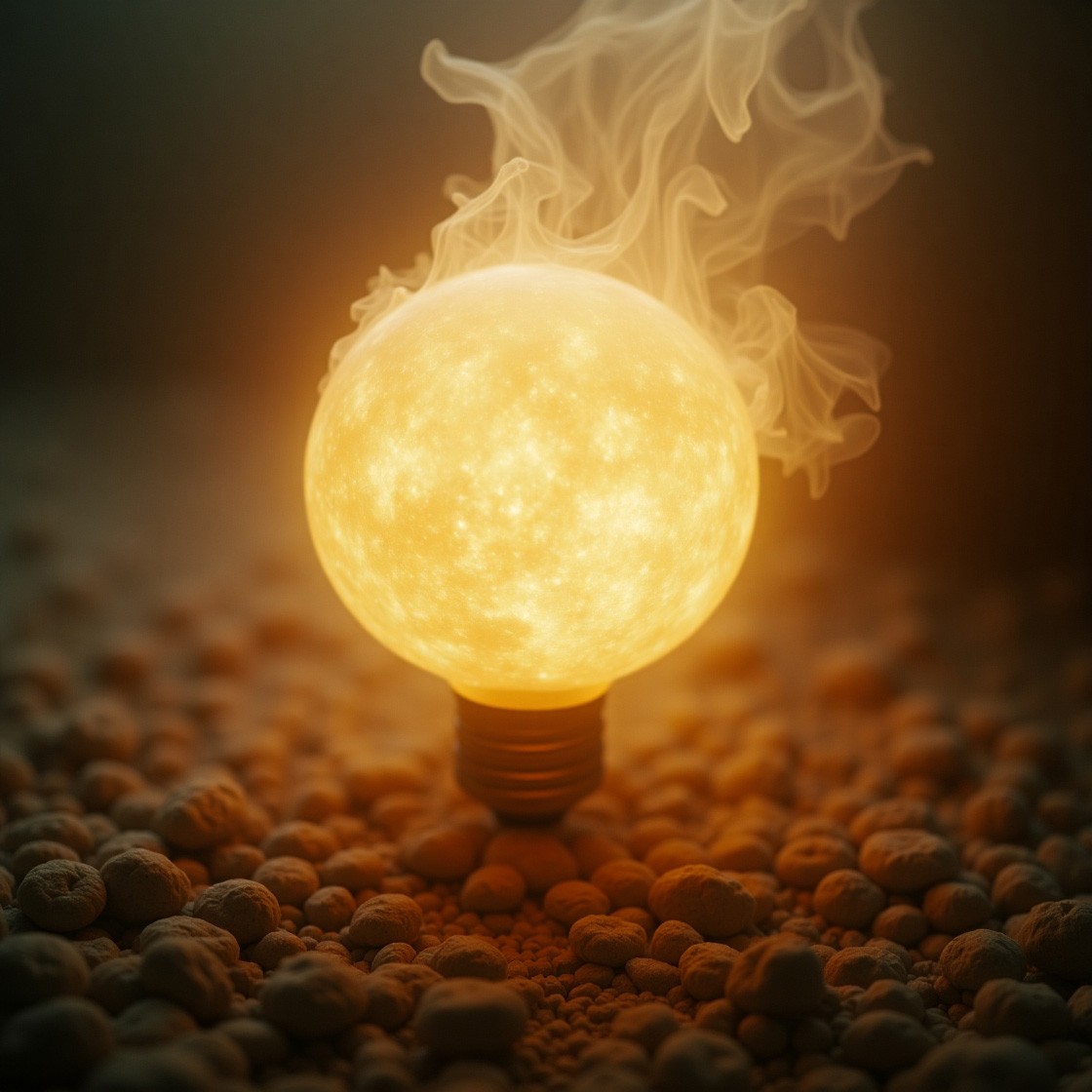 Lampadina dorata che si illumina con fumo caldo, simbolo di creatività e idee.
