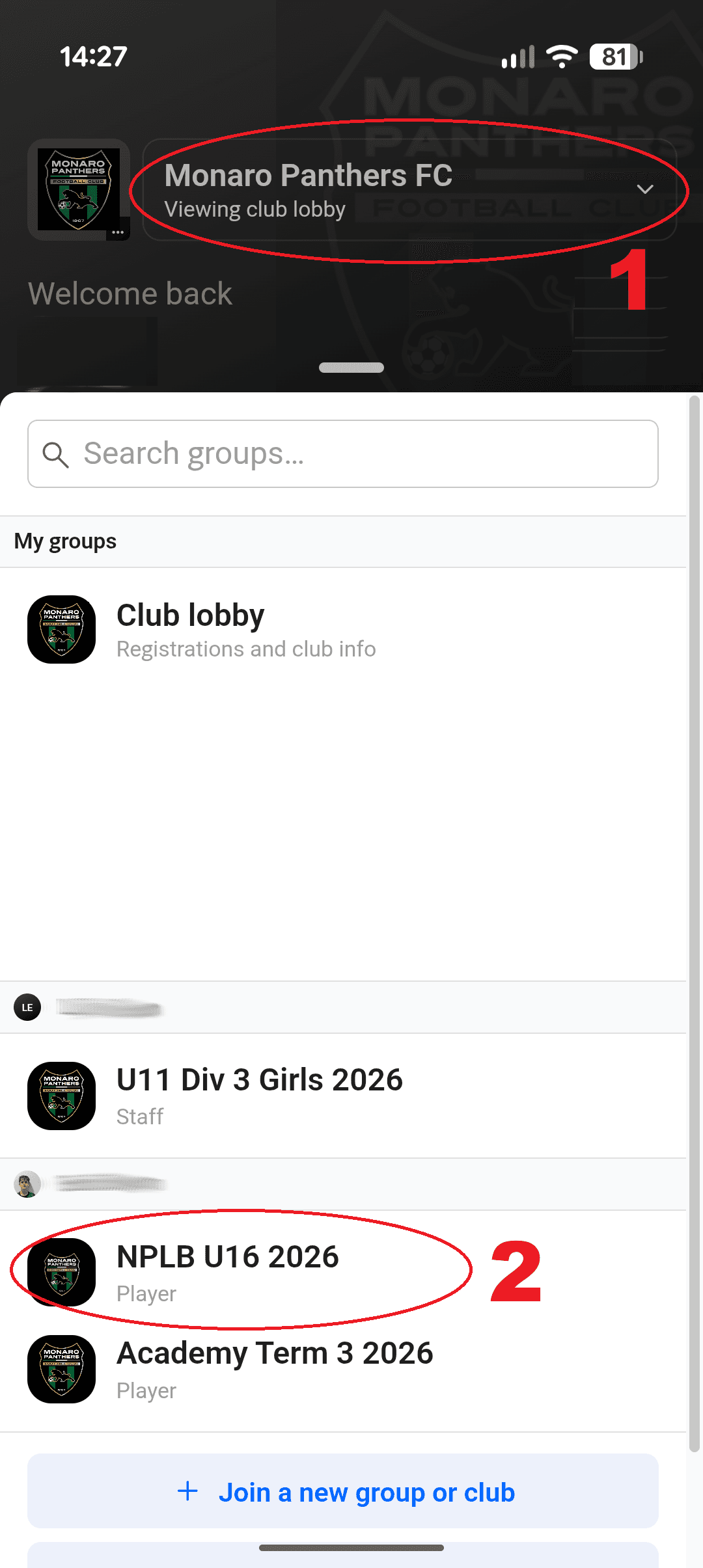 360Player group switcher showing how to choose a Monaro Panthers team