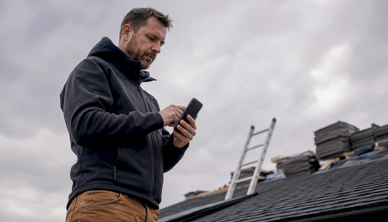 Contractor adjusting phone notifications outdoors