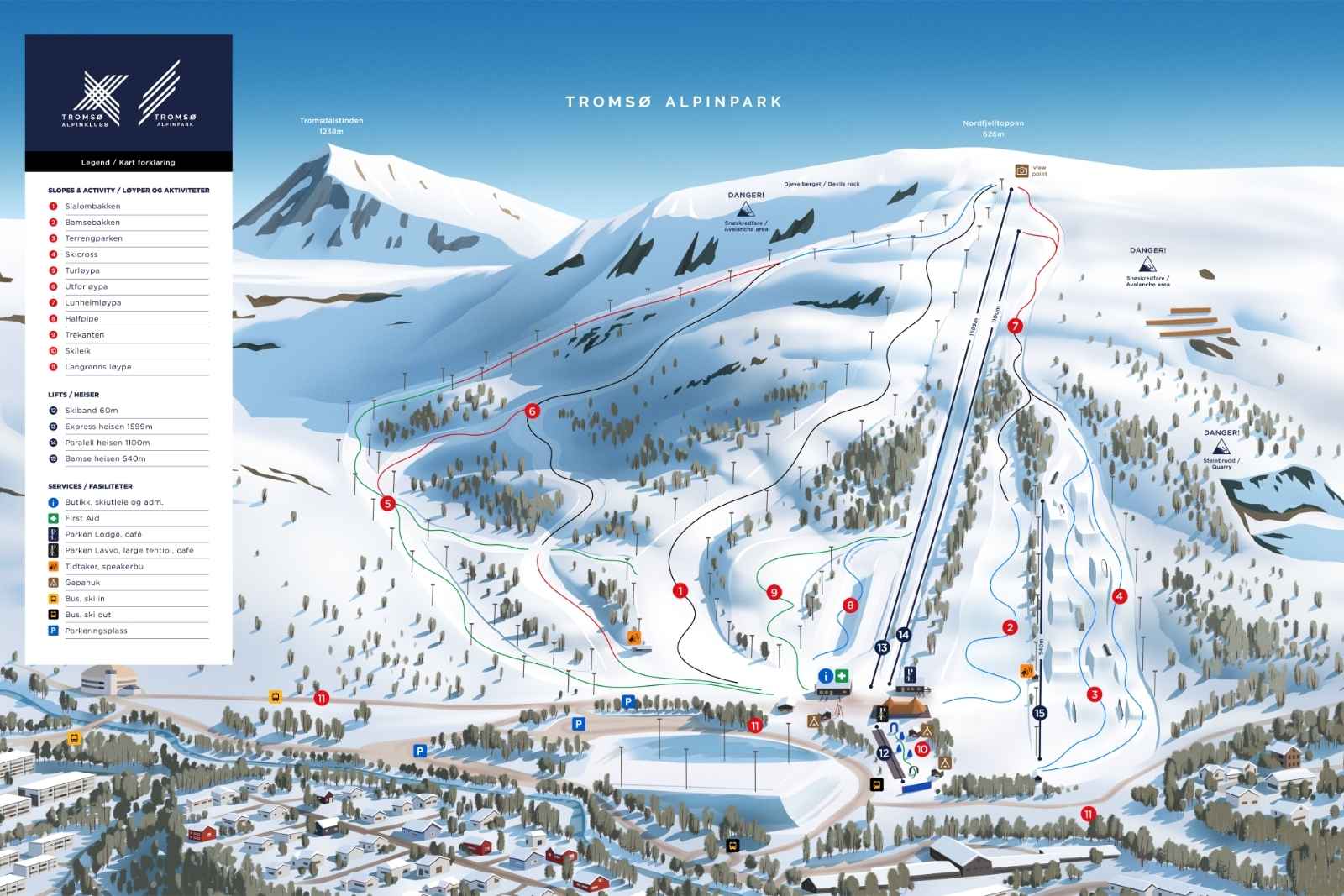 Detailed illustrated ski resort map with marked slopes, chairlifts, buildings, and trail difficulty levels.