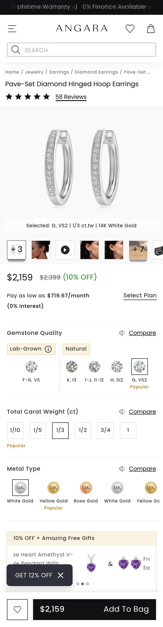 Jewelry product options include: earring for Pave-Set Diamond Hinged Hoop Earrings in 14K White Gold (G, VS2 - 0.34CT. TW.) from Angara.