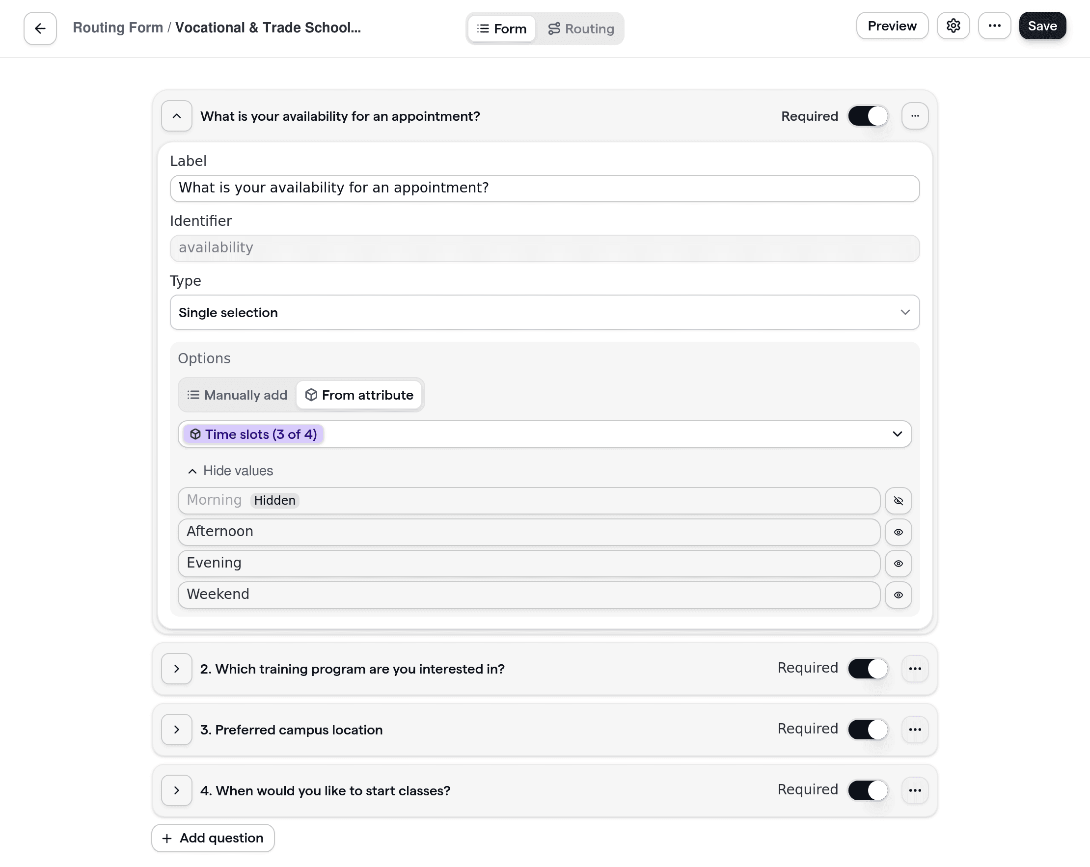 Routing form setup for vocational and trade schools showing program and campus-specific intake questions.
