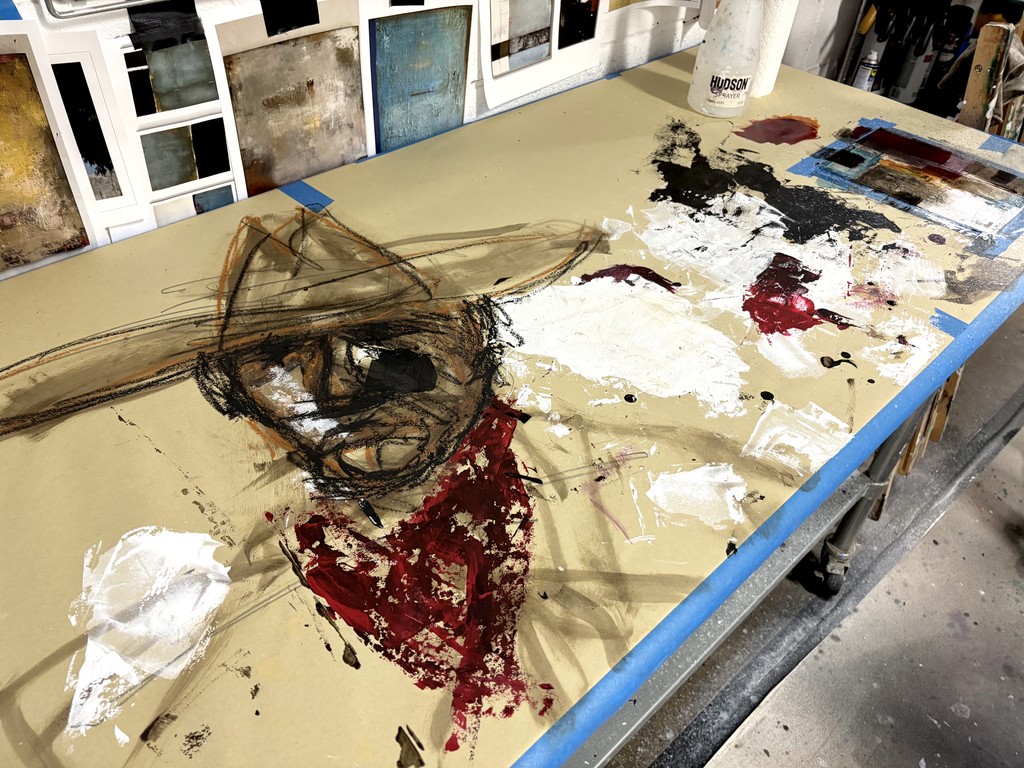 Painting Table with sketches and paint swatches, cowboy