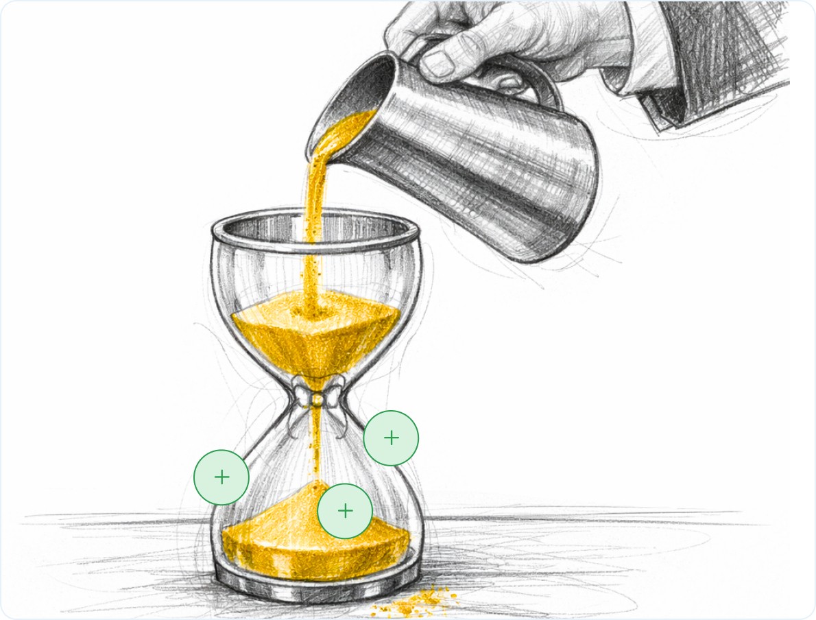 Illustration of a hand pouring golden sand from a jug into an hourglass. Three green plus signs overlay the image, suggesting a digital or interactive element.