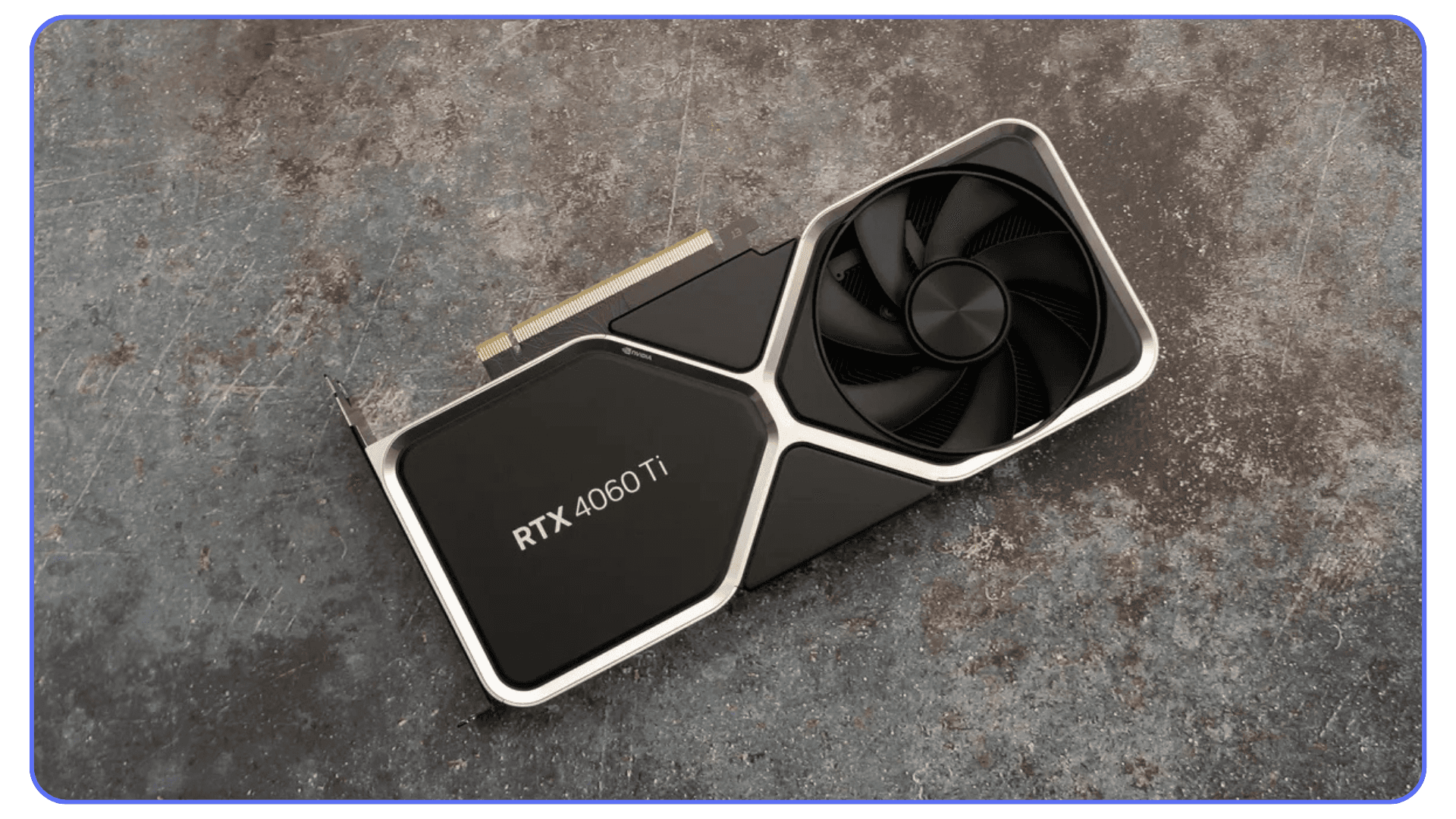 Nvidia RTX 4060 Ti graphics card placed on a textured surface, showing its compact design and single fan.