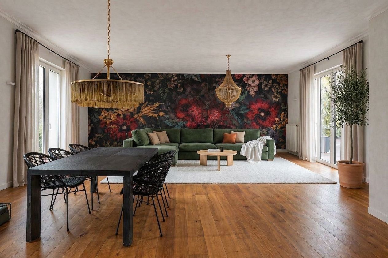 Scandi minimal living room with bold wallpaper — white bouclé rug, light oak coffee table, single olive tree, daylight