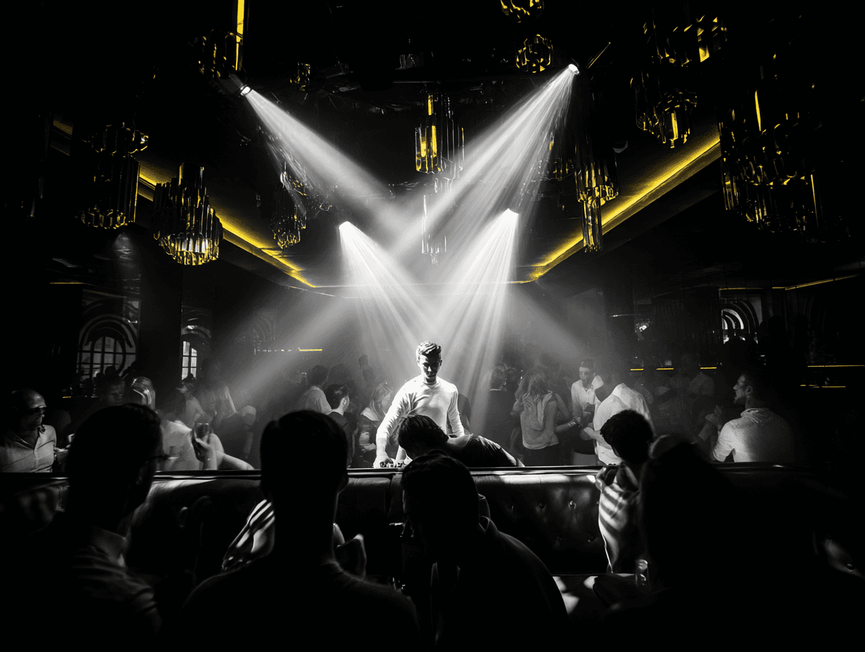 DJ performing on a dark stage, spotlight beams cutting through the smoke