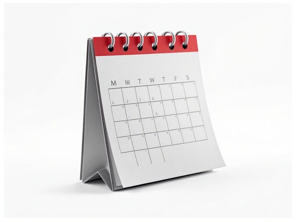 A red and gray desk calendar on a white background