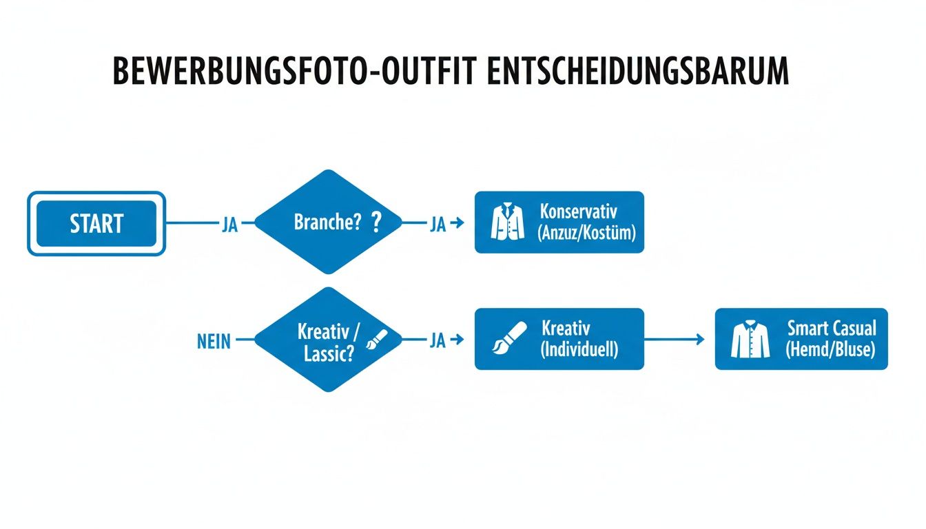 Flussdiagramm zur Auswahl des Bewerbungsfoto-Outfits basierend auf Branche und Stil: Konservativ, Kreativ, Smart Casual.