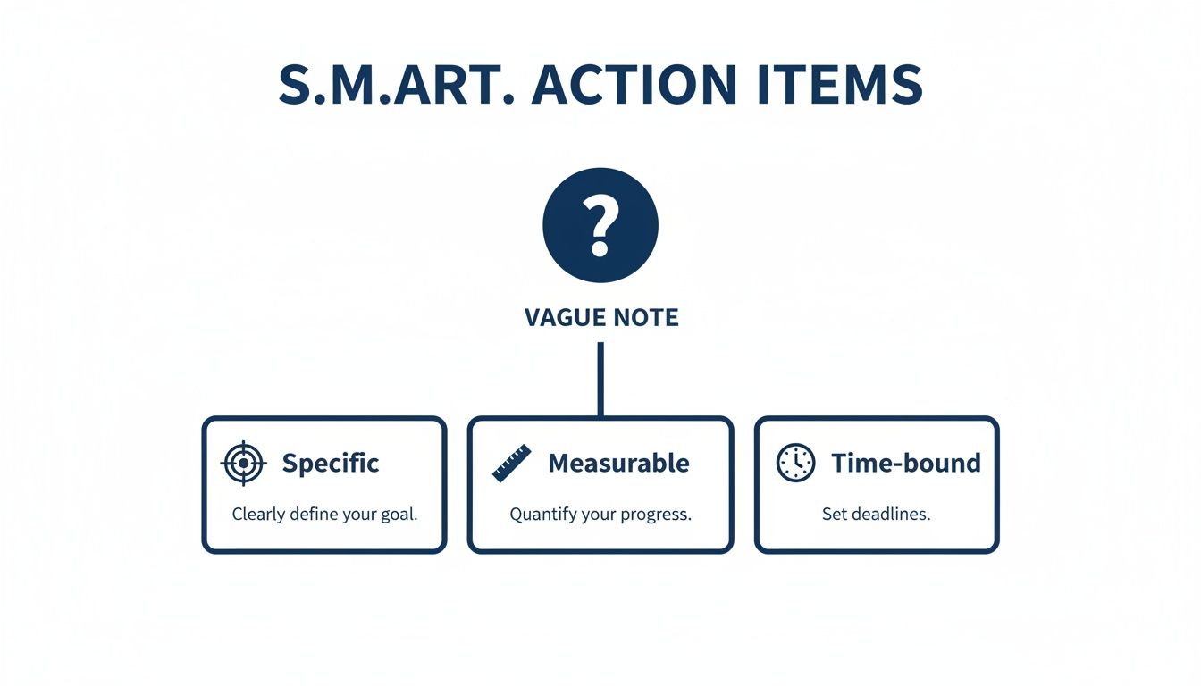A diagram titled 'S.M.ART. ACTION ITEMS' explains transforming a vague note into specific, measurable, and time-bound goals.