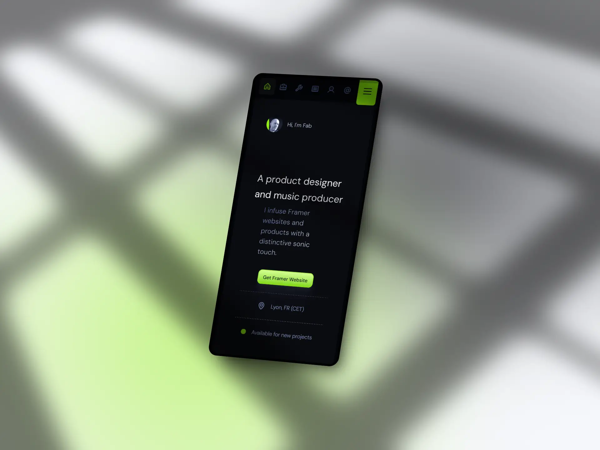 A sleek, dark-themed mobile user interface displays a professional profile summary of a product designer and music producer, set against a blurred, softly lit background with a subtle green highlight.