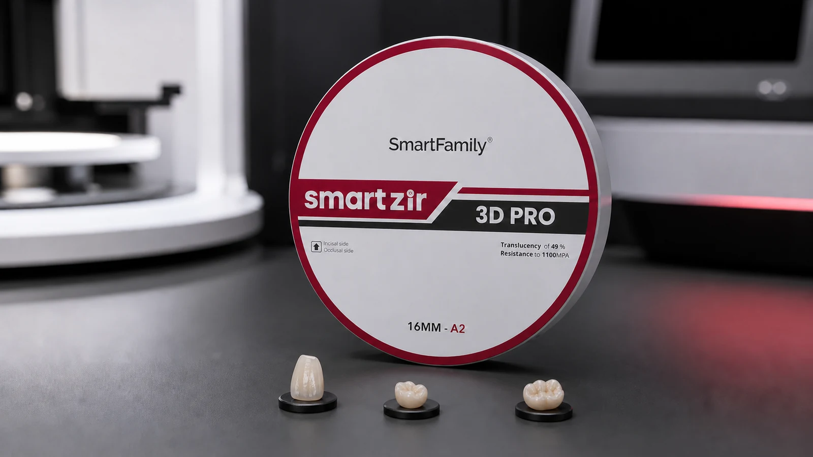 Disco Smart Zir 3D Pro de 16 mm acompañado por restauraciones anterior, premolar y molar.