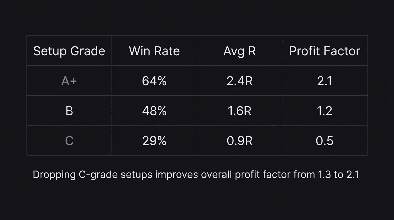 Spreadsheet table showing performance data sliced by setup grade