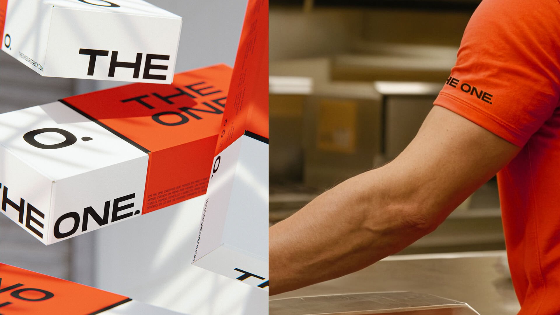 Visual resources of the packaging in motion and a side photo of an employee wearing The One polo.