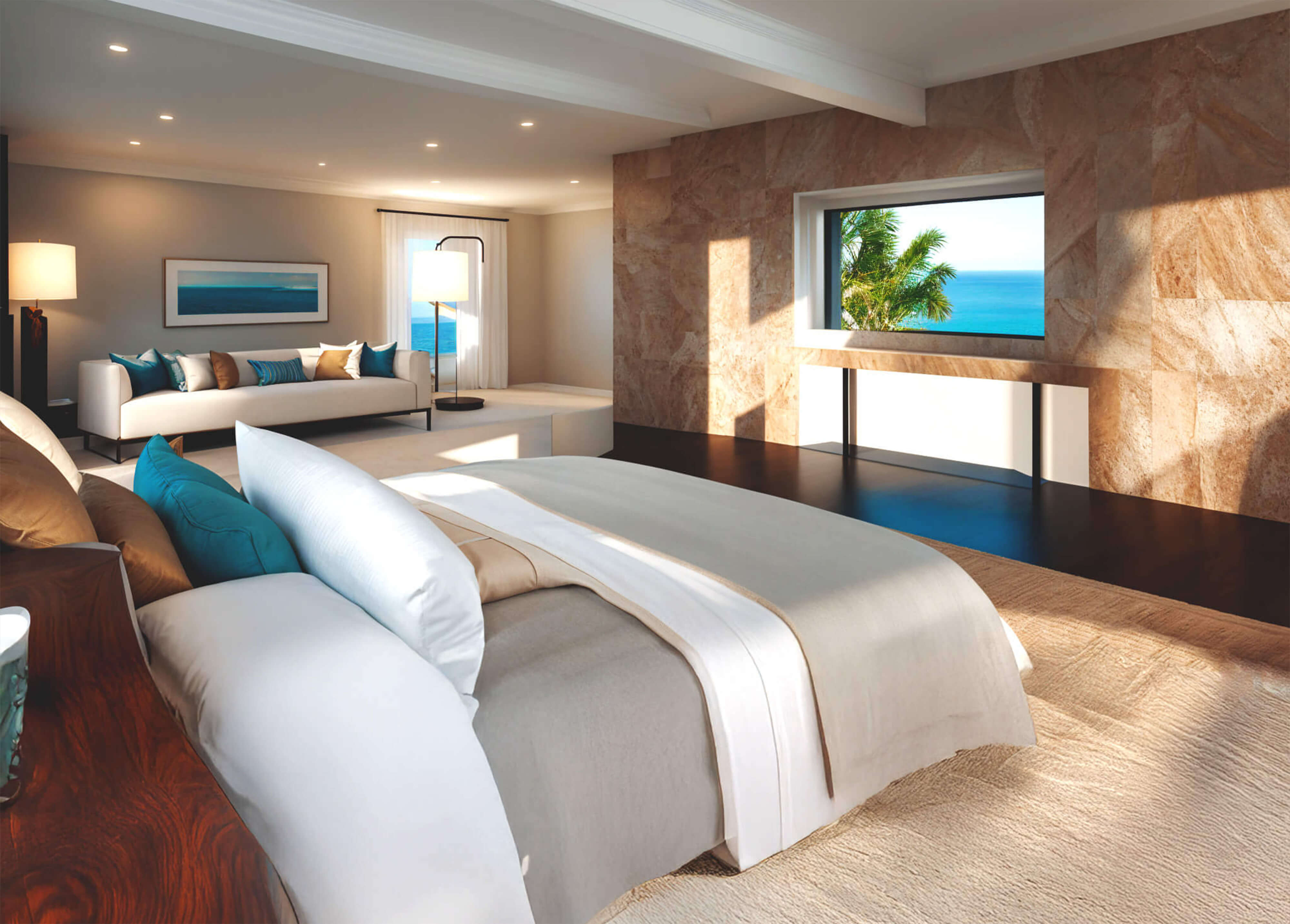 A modern coastal bedroom with warm stone walls, soft neutral bedding, elegant lighting, and a window framing a bright ocean view.