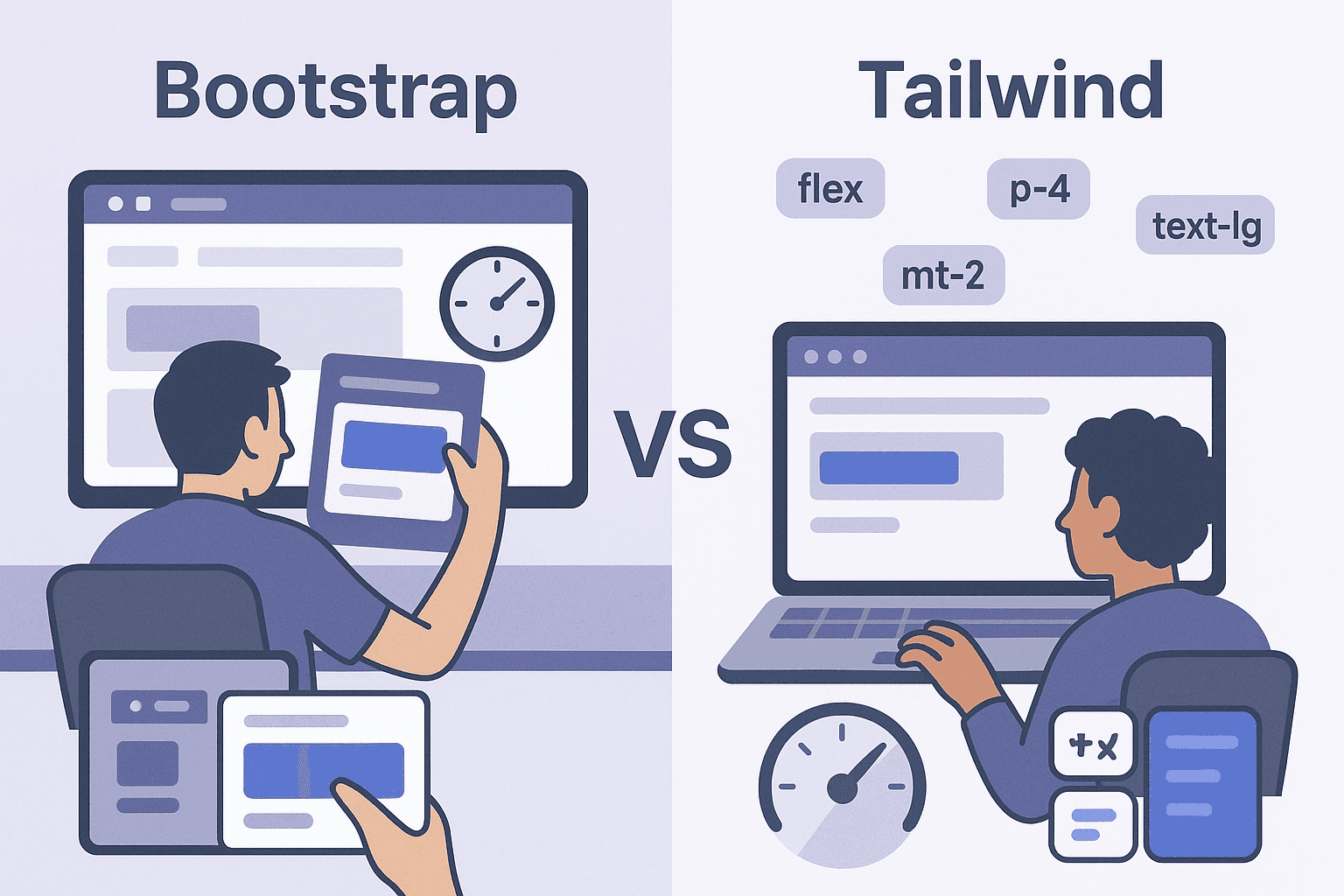 A split illustration showing a Bootstrap developer assembling pre-made components with a fast-ticking clock for rapid prototyping, and a Tailwind developer fine-tuning design details using floating utility classes and a speedometer for efficient refinement.