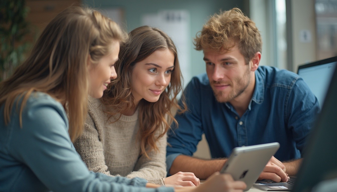 Ein Team junger Mitarbeit testen neue KI-Funktionen