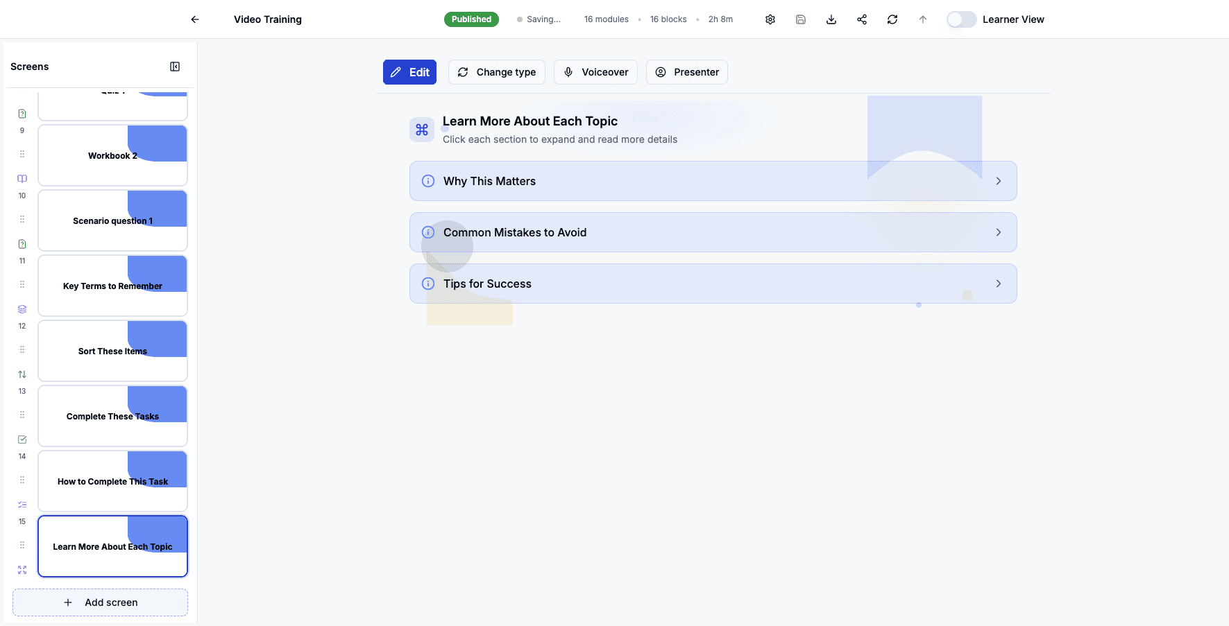 Click Add screen to add visual learning activities with clickable regions.
