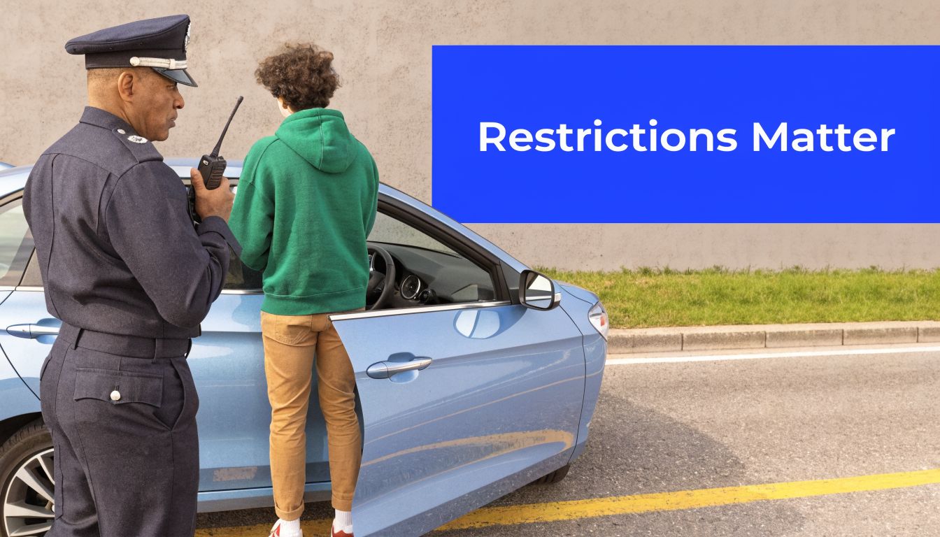 A police officer talks to a young driver standing beside his parked car on the roadside.