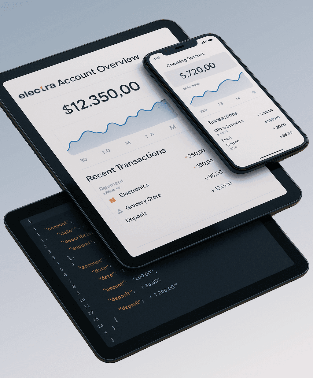 Interent banking, mobile app and an API developer portal layered on top of each other