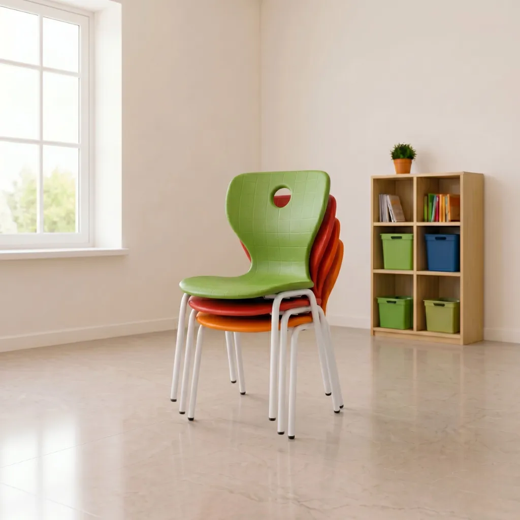 Stackable plastic school chairs with white metal frames made in Turkey