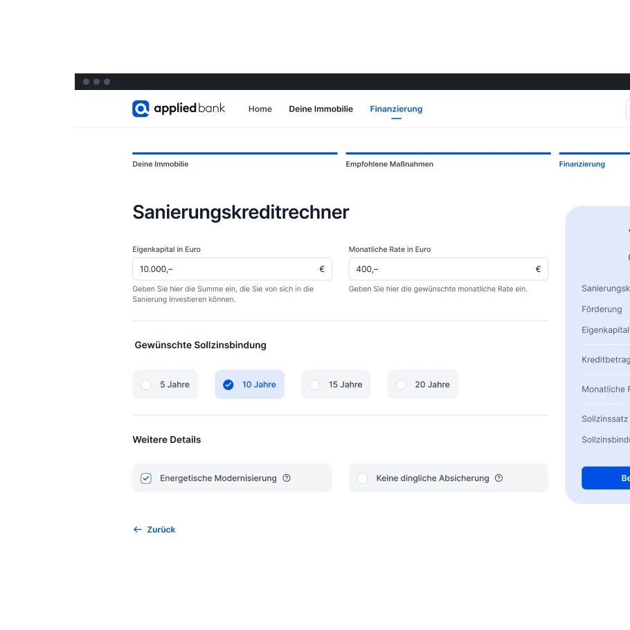 UI Sanierungskreditrechner Eingabefelder