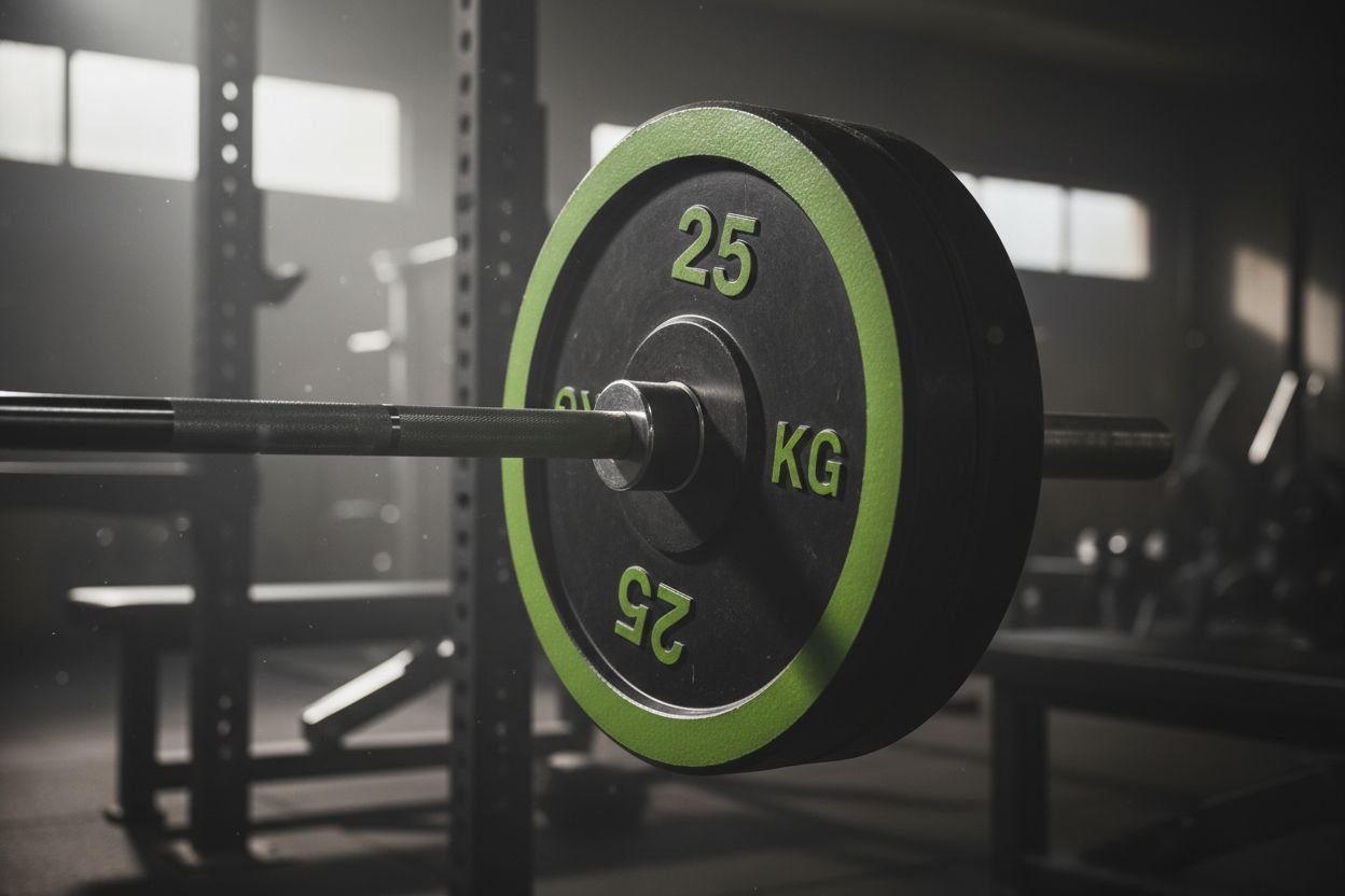 Barra con discos de pesas en un gimnasio