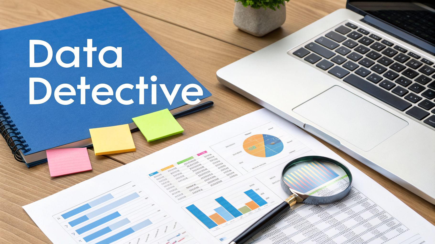 A desk setup with a 'Data Detective' notebook, laptop, data charts, and a magnifying glass.
