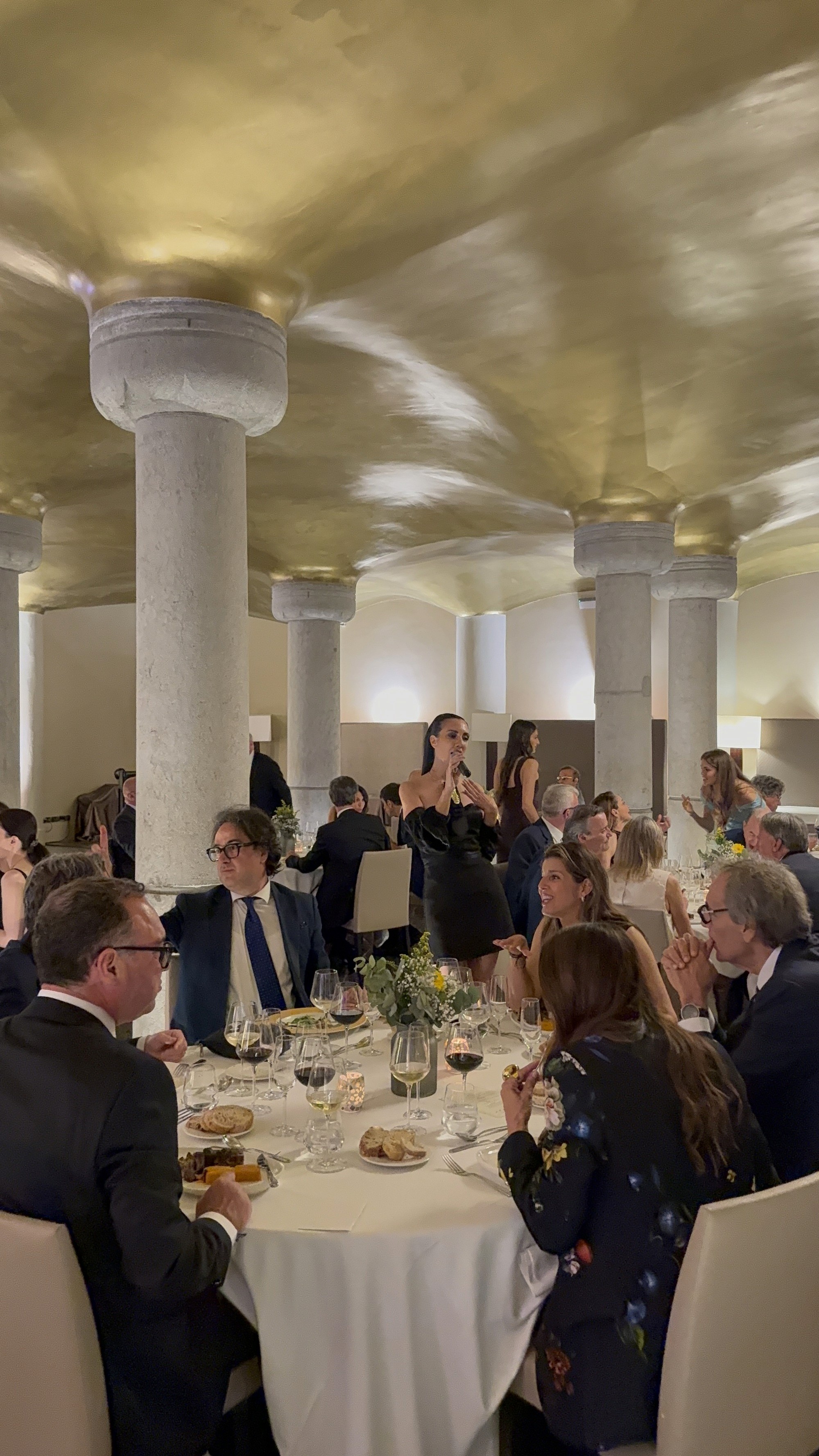 Speaker addressing guests at a formal seated dinner in a columned venue