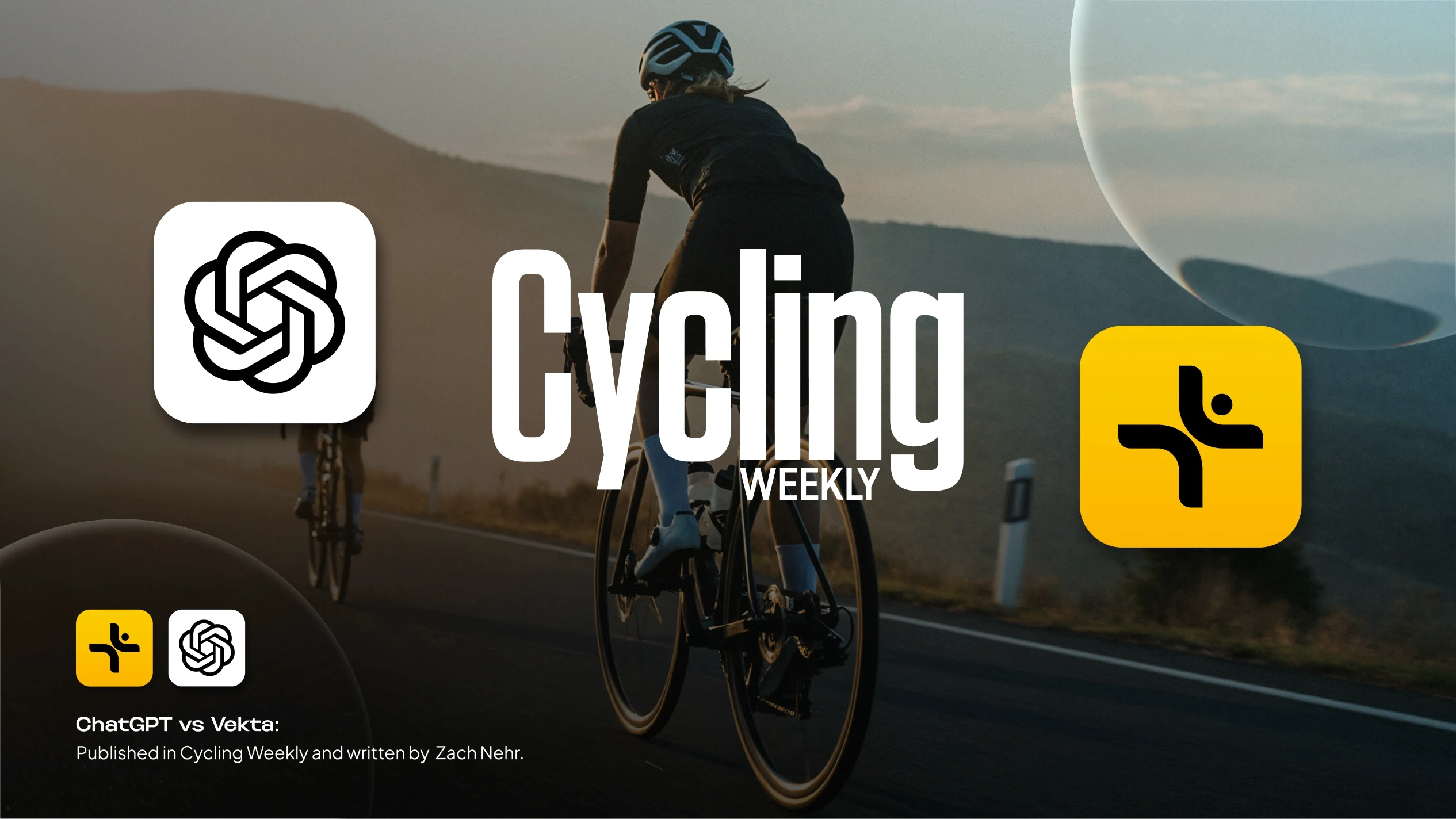 Two cyclists riding at sunset with the ChatGPT logo on the left and the Vekta logo on the right, representing the six-week AI coaching experiment published in Cycling Weekly.