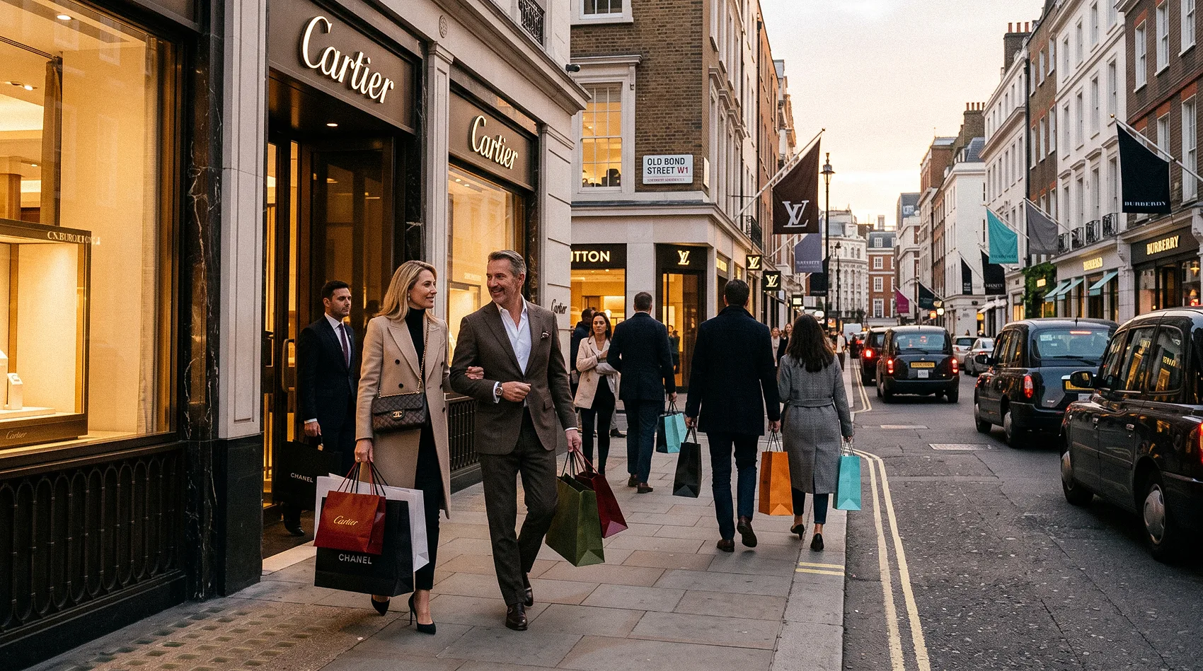 Couple with luxury shopping bags walks past Cartier and Louis Vuitton boutiques on Old Bond Street, London.