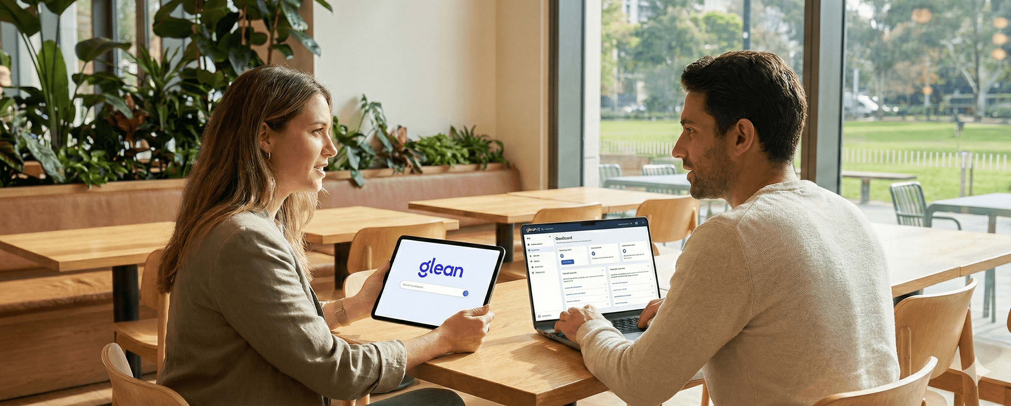 Two people sit at a wooden table in a bright, modern office or cafe, engaged in discussion while one holds a tablet displaying the Glean logo and the other works on a laptop, illustrating a comparison of AI knowledge tools for business.