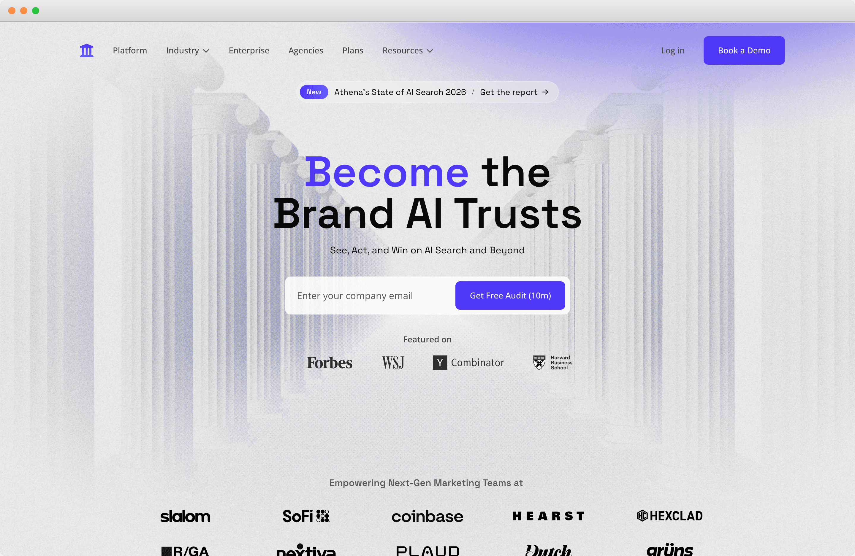 AthenaHQ platform page showing source intelligence and brand visibility reporting